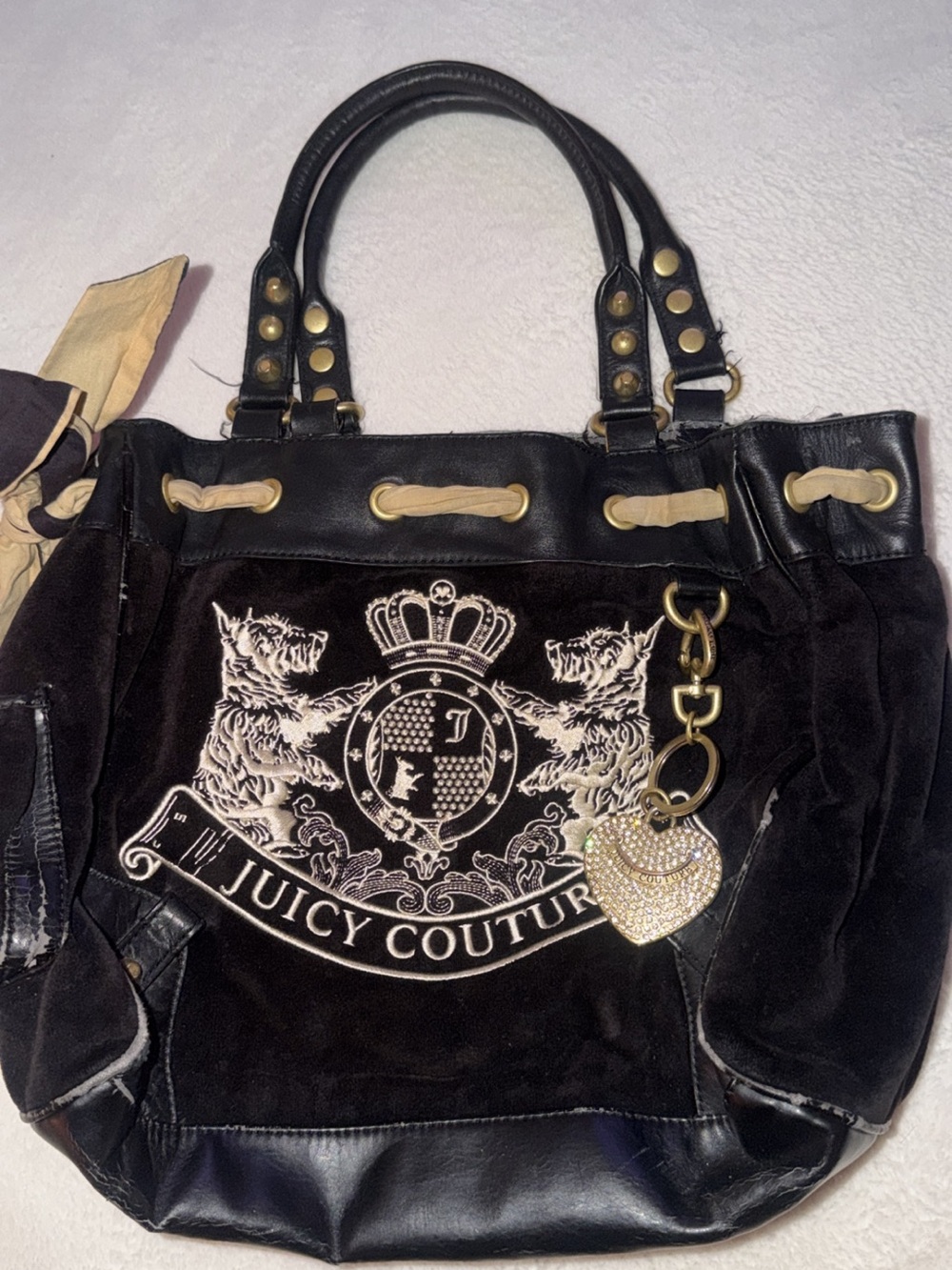 Vintage Juicy Couture Black Velvet Logo Tote with Heart Charm